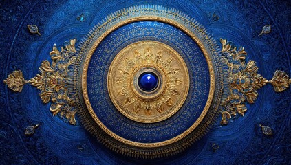 Fototapeta premium A detailed ornate design, featuring a circular medallion in gold and deep blue, evokes an opulent and intricate aesthetic.