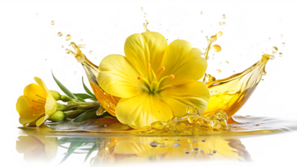 Yellow evening primrose flower oil splash isolated on a transparent background yellow flower