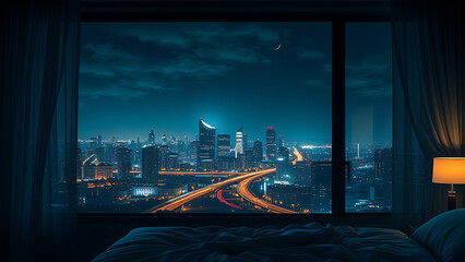 View from a dark hotel room window overlooking a sprawling city skyline at night with illuminated highways