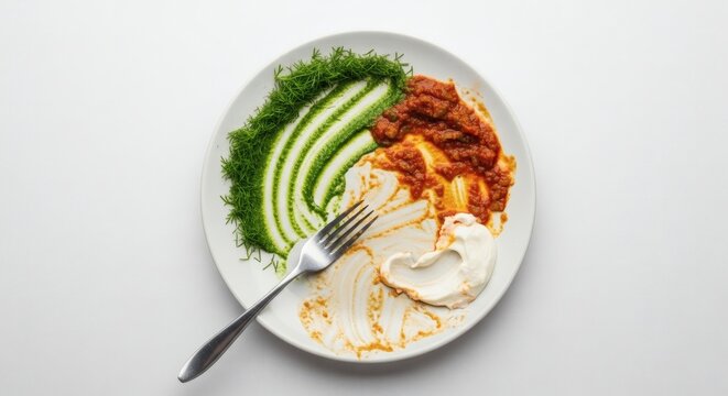 Uzbek platter after meal with colorful smears of shivit oshi and suzma