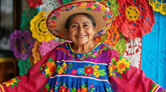 An elderly Mexican woman dances joyfully in a colorful traditional embroidered dress and festive sombrero against a backdrop of papel picado decorations.