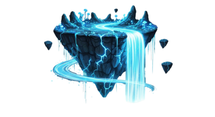Mystical floating island with glowing waterfall and surreal landscape