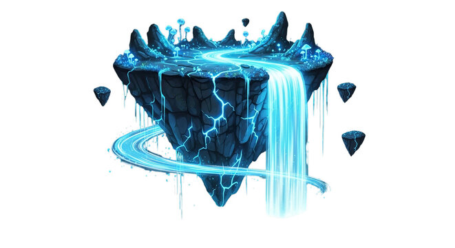 Mystical floating island with glowing waterfall and surreal landscape