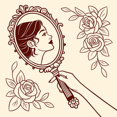 Engraved vintage drawing of female hands holding retro decorative mirror with reflection of woman face on background of roses