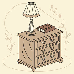 A beautifully illustrated wooden nightstand with a warm-toned lamp and a small book, set against a soft cream background.