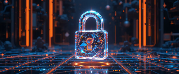 Cybersecurity sphere with 4D lock embedded in its core, radiating golden beams on deep navy background, golden and purple glowing lauer around the lock,