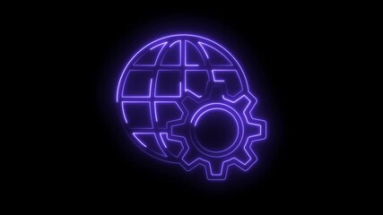 Glowing neon world globe and gear animation for global technology and industry concepts - Powered by Adobe