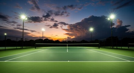 Twilight illuminates an empty, floodlit tennis court, showcasing a vibrant sunset backdrop.