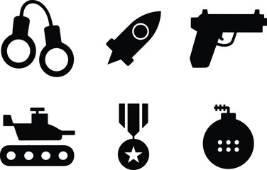 Military and War Icons Set, Handcuffs, Rocket, Gun, Tank, Medal, Bomb Silhouette Vector