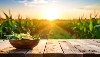 Fototapeta premium Fresh Corn on Rustic Wooden Bowl At Sunset Corn Field Landscape.