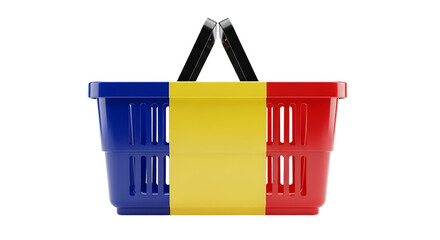 Blue Yellow and Red Shopping Basket Featuring the Romanian Flag on Black Background national symbol