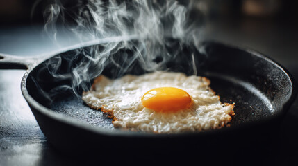 Sizzling fried egg with bright yolk steams in black cast iron skillet, creating warm and inviting breakfast scene