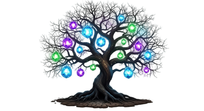 Mystical glowing crystal tree with vibrant gems, enchanting fantasy art