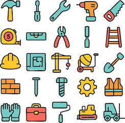 Construction Tools Icons Set Hammer Screwdriver Wrench Drill Saw Tape Measure Level Pliers Chisel Ladder.