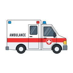 Side view of a cartoon ambulance, featuring a white body with red stripes and a large red cross on the side.