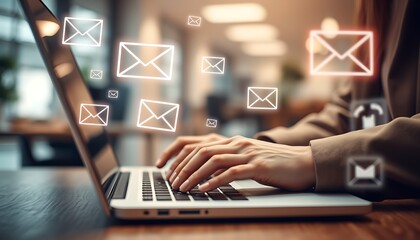 Person typing on laptop with glowing email icons floating in office setting Keywords: email, messaging, communication, laptop, typing, hands