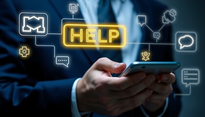 Person holding smartphone with glowing HELP sign and communication icons Keywords: help, support, assistance, smartphone, mobile, technology