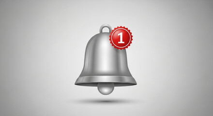 Silver notification bell with a red badge and the number one, isolated on a gray background, indicating a new alert or message