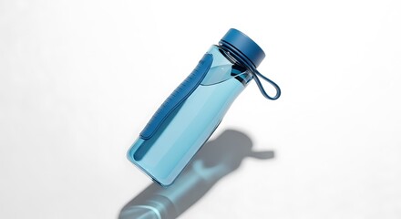 Blue Plastic Water Bottle with Blue Cap and Strap on White Background