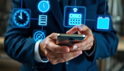 Businessman interacting with smartphone displaying digital icons for time and planning mobile phone technology