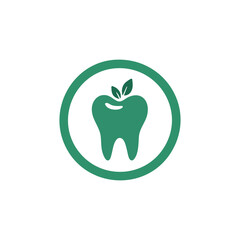 Tooth logo with leaves and flower sprout, eco dental care vector design