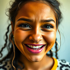 A random photo effect of a young woman from a multicultural community, her eyes full of tears of joy and positive emotions, a sense of happiness. Captures the essence of the moment.