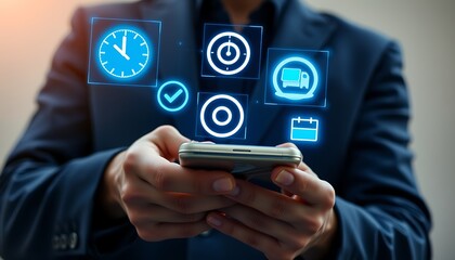Man in suit using smartphone with holographic icons of clock truck and calendar mobile phone technology