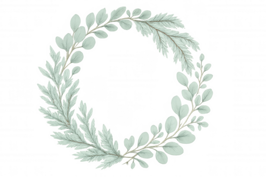 Watercolor botanical eucalyptus and fern wreath, delicate green foliage frame, decorative floral design element