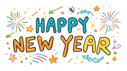 Minimal cartoon line art illustration of "Happy New Year" message with playful stars, fireworks, and festive accents in cheerful colors