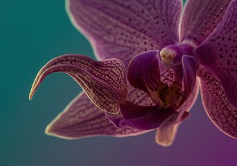 A close up of a purple orchid against a soft backdrop
