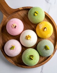Flat Lay of Japanese Mochi Desserts in Assorted Colors with Powdered Sugar on Neutral Background