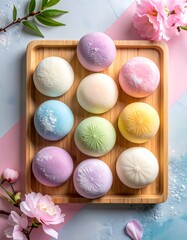 Flat Lay of Japanese Mochi Desserts in Assorted Colors with Powdered Sugar on Neutral Background