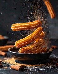 Floating Mexican Churros with Cinnamon Sugar and Chocolate Dip Mid-Air
