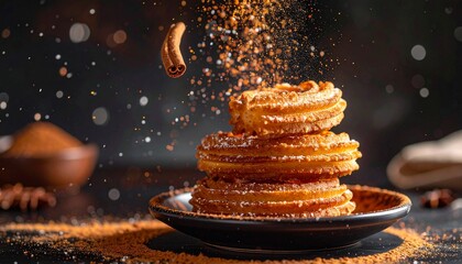 Floating Mexican Churros with Cinnamon Sugar and Chocolate Dip Mid-Air