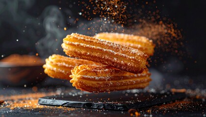 Floating Mexican Churros with Cinnamon Sugar and Chocolate Dip Mid-Air