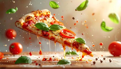 Floating Pizza Slice with Flying Basil Leaves, Tomato Sauce Splash, and Cheese Strings