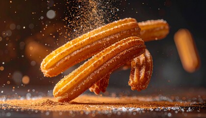 Floating Mexican Churros with Cinnamon Sugar and Chocolate Dip Mid-Air