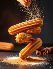 Floating Mexican Churros with Cinnamon Sugar and Chocolate Dip Mid-Air