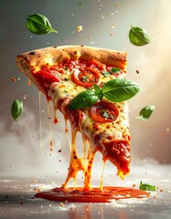Floating Pizza Slice with Flying Basil Leaves, Tomato Sauce Splash, and Cheese Strings