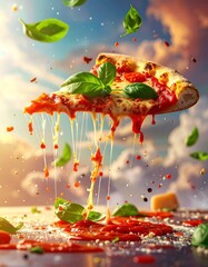 Floating Pizza Slice with Flying Basil Leaves, Tomato Sauce Splash, and Cheese Strings