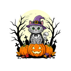 A cute gray cat wearing a purple witch hat and black cape sits on top of a glowing jack-o’-lantern. Behind it are pumpkins, autumn leaves, spooky bare trees, and gravestones under the full moon, creat