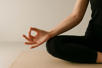 Minimal indoor meditation — hand in Gyan mudra on yoga mat (side view)