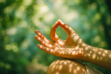 Outdoor meditation hand in Gyan mudra with dappled sunlight, green bokeh background