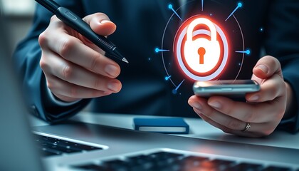 Person holding pen and smartphone with digital padlock icon and network connections security data
