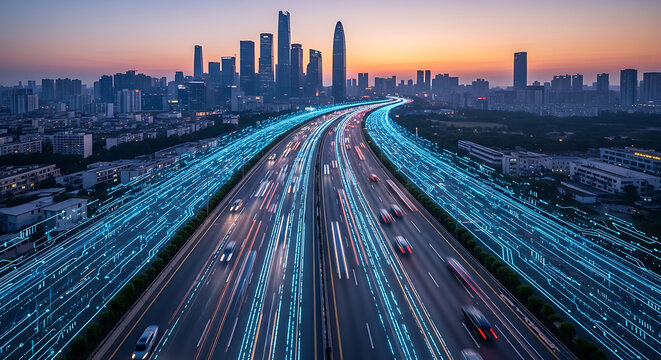 City skyline with digital road and light trails showing data flow and transport connections at sunset