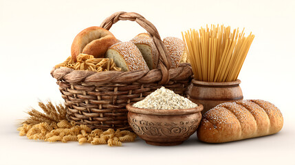 Basket with bread, pasta, flour and wheat ears on white background