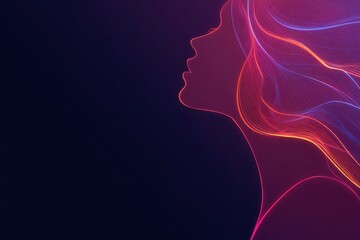 Neon line art of woman's profile with glowing abstract silhouette