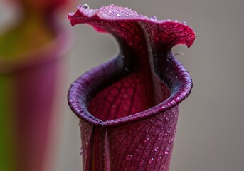 Close up of a purple pitcher plant with water droplets