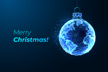 Futuristic glowing Earth Christmas ornament with Merry Christmas greeting card, vector illustration