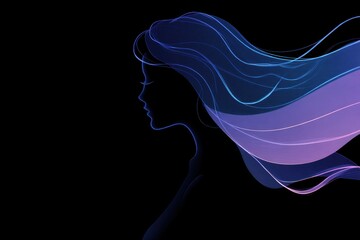 Neon line art of woman's profile with flowing hair in abstract style